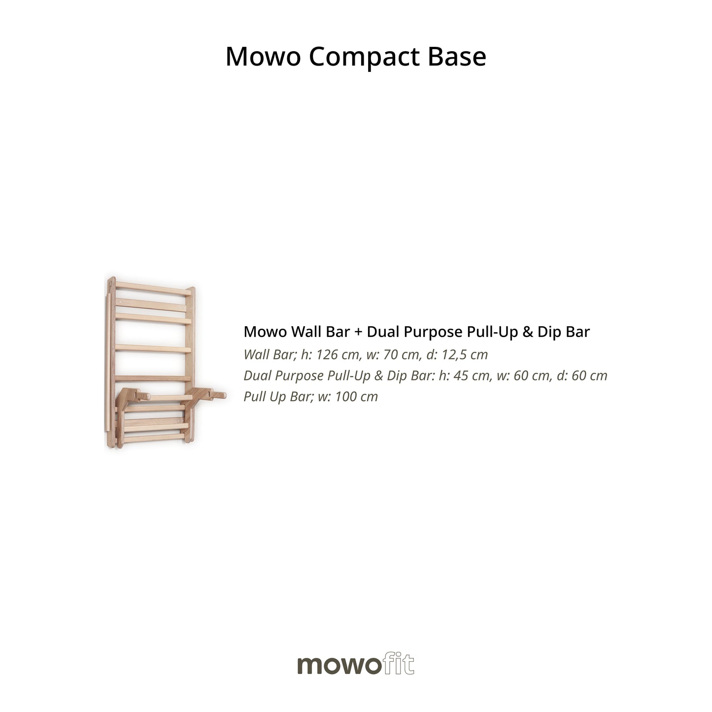 Mowo Compact Base with dimensions and mowo fit branding on a white background