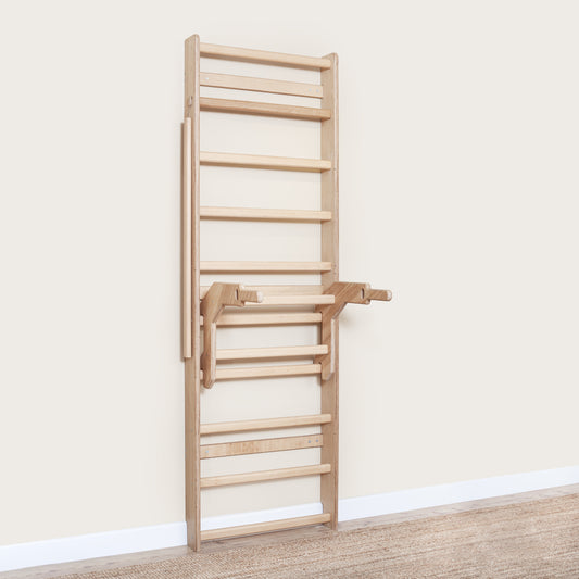 MowoFit premium handcrafted solid Beech wood wall bar (Swedish ladder) designed for home gym fitness and stylish interior decor.