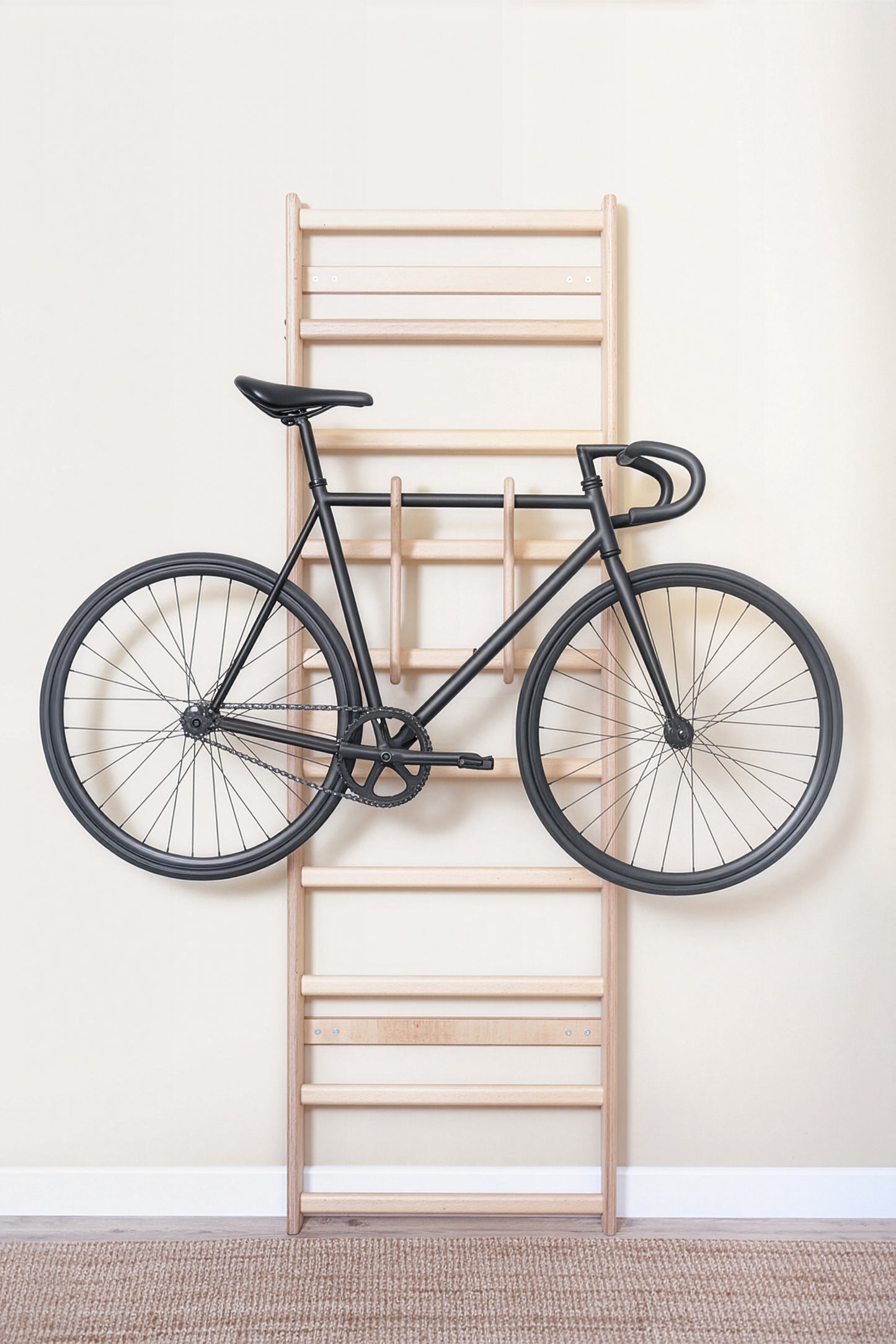 Premium wooden bicycle wall mount attachment designed for MowoFit modular wall bars, crafted from solid Beech wood.