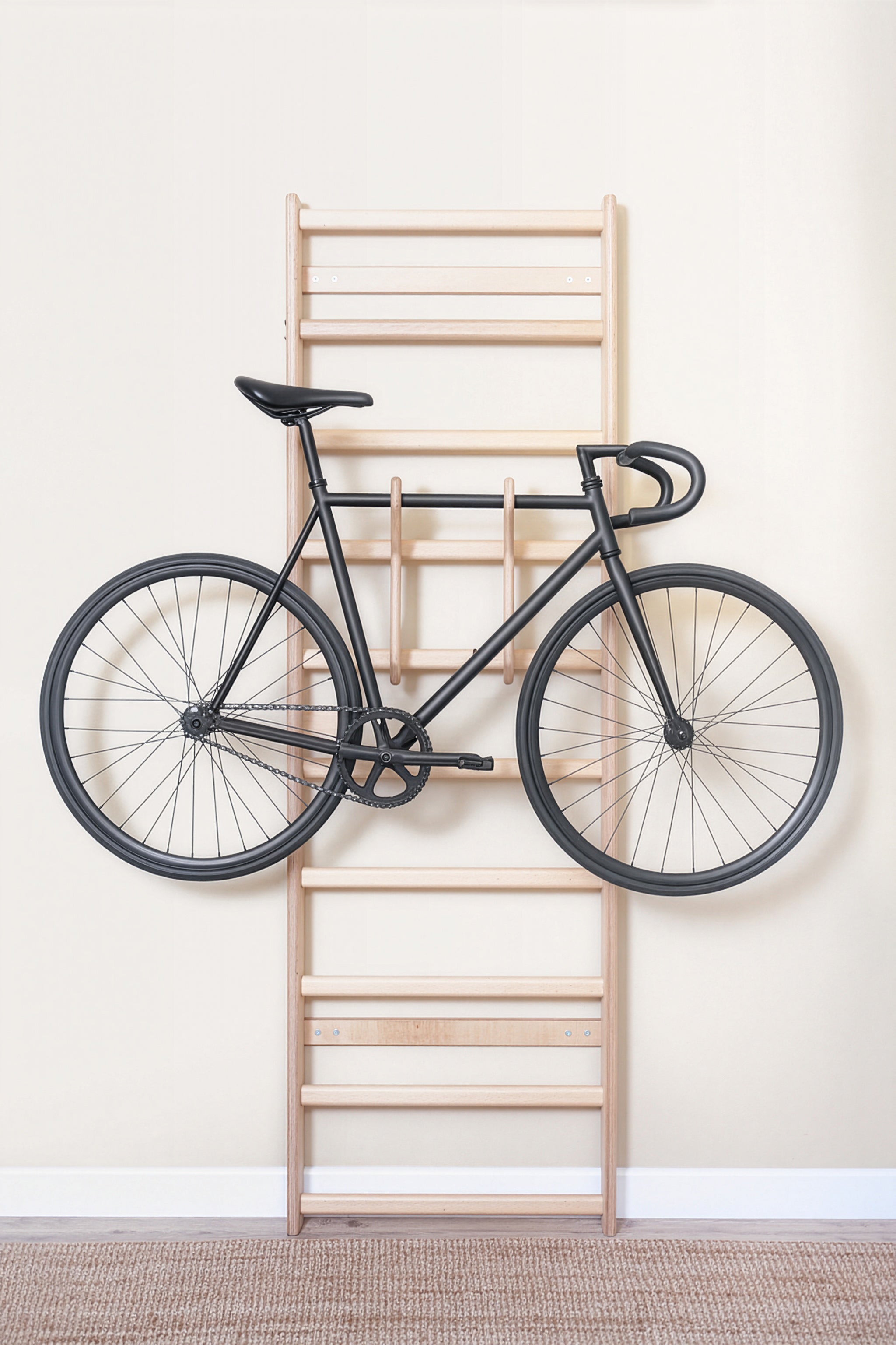 Premium wooden bicycle wall mount attachment designed for MowoFit modular wall bars, crafted from solid Beech wood.