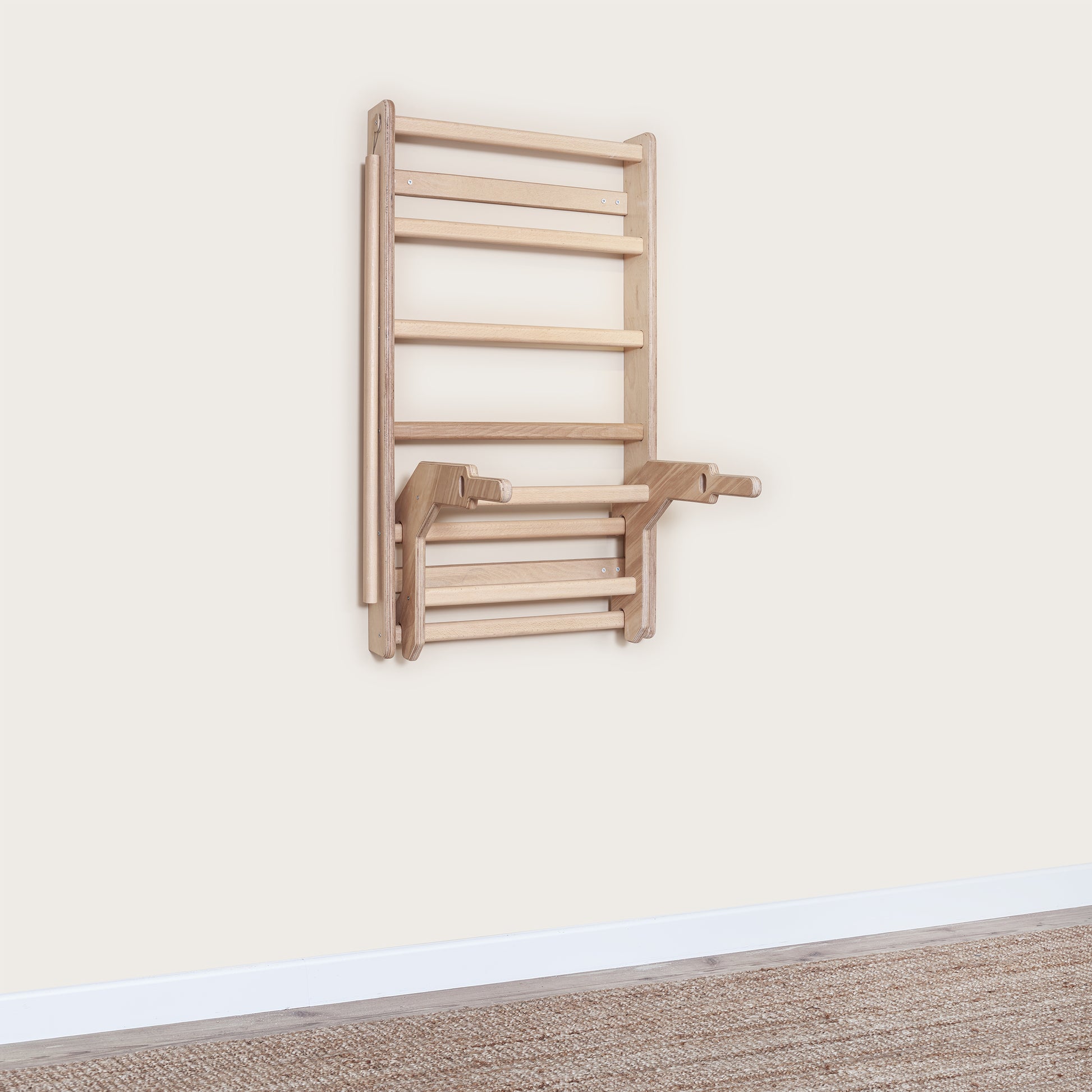 MowoFit Compact 126cm wall bar, a space-saving handcrafted solid Beech wood Swedish ladder designed for modular home gym fitness and stylish interior decor.
