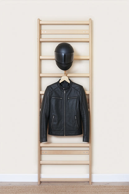 Handcrafted solid Beech wood helmet and coat rack attachment compatible with MowoFit modular wall bar system.