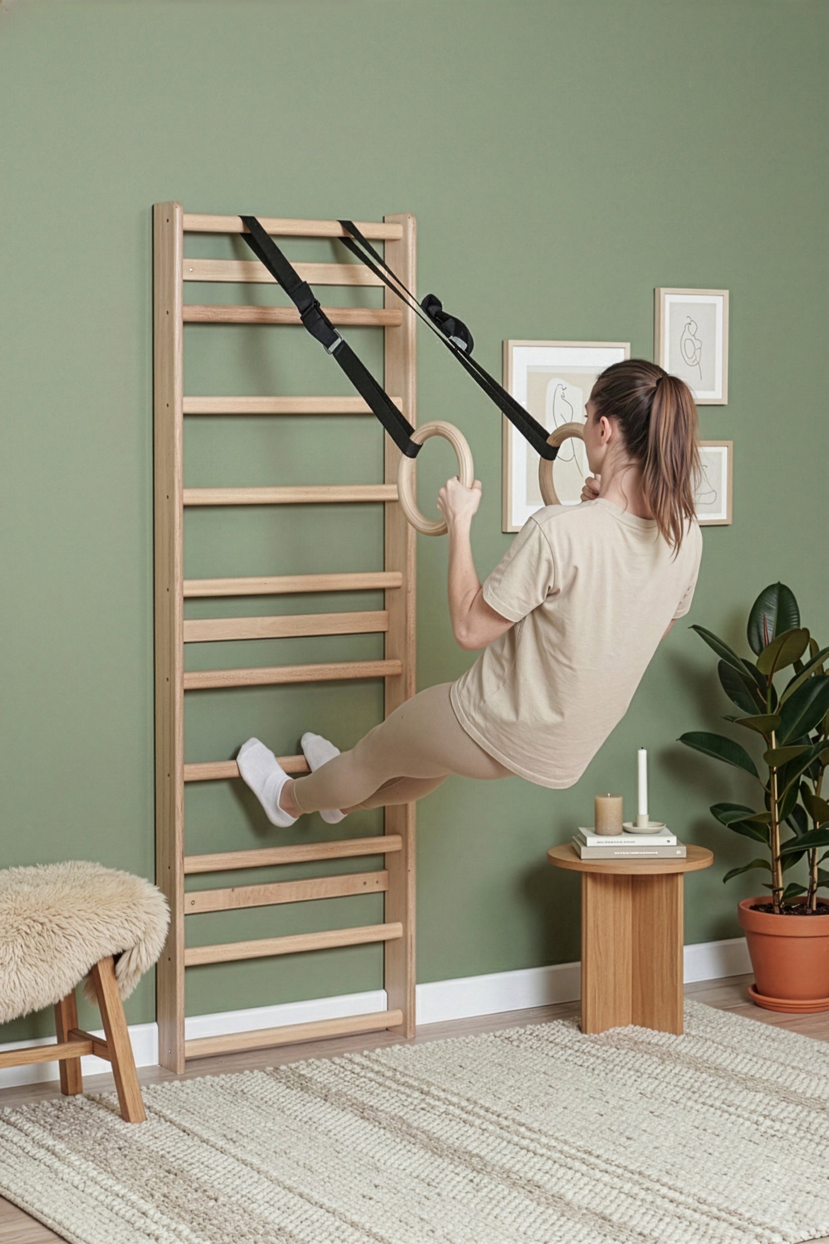 Fit model performing calisthenics exercises on a MowoFit modular wall bar, showcasing the premium handcrafted solid Beech wood design in a modern minimalist space.