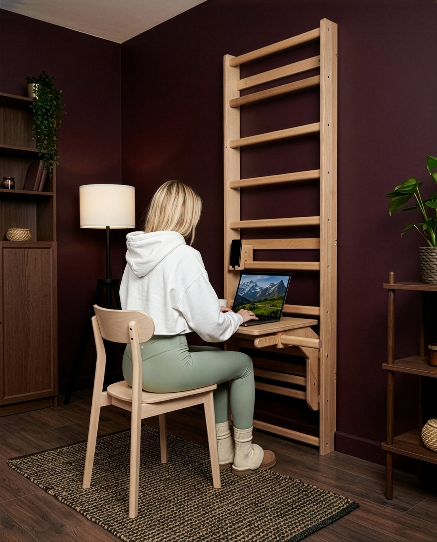 Person using a laptop at a wooden desk against a dark purple wall.