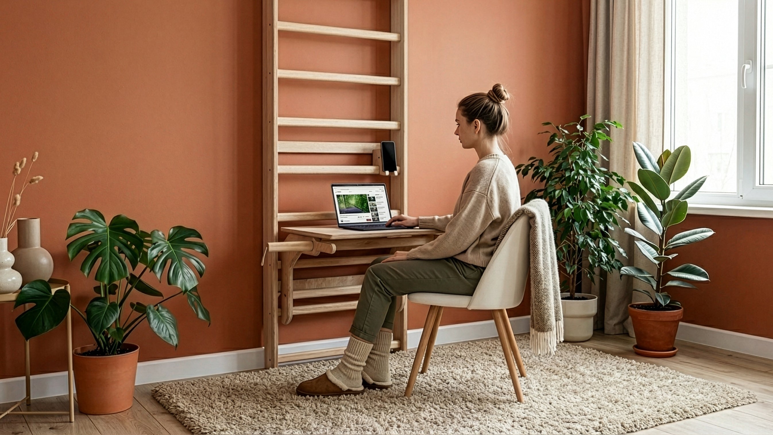 User utilizing the MowoFit Wall Bar as an ergonomic wooden standing desk, highlighting the space-saving design and premium craftsmanship for remote work setups.