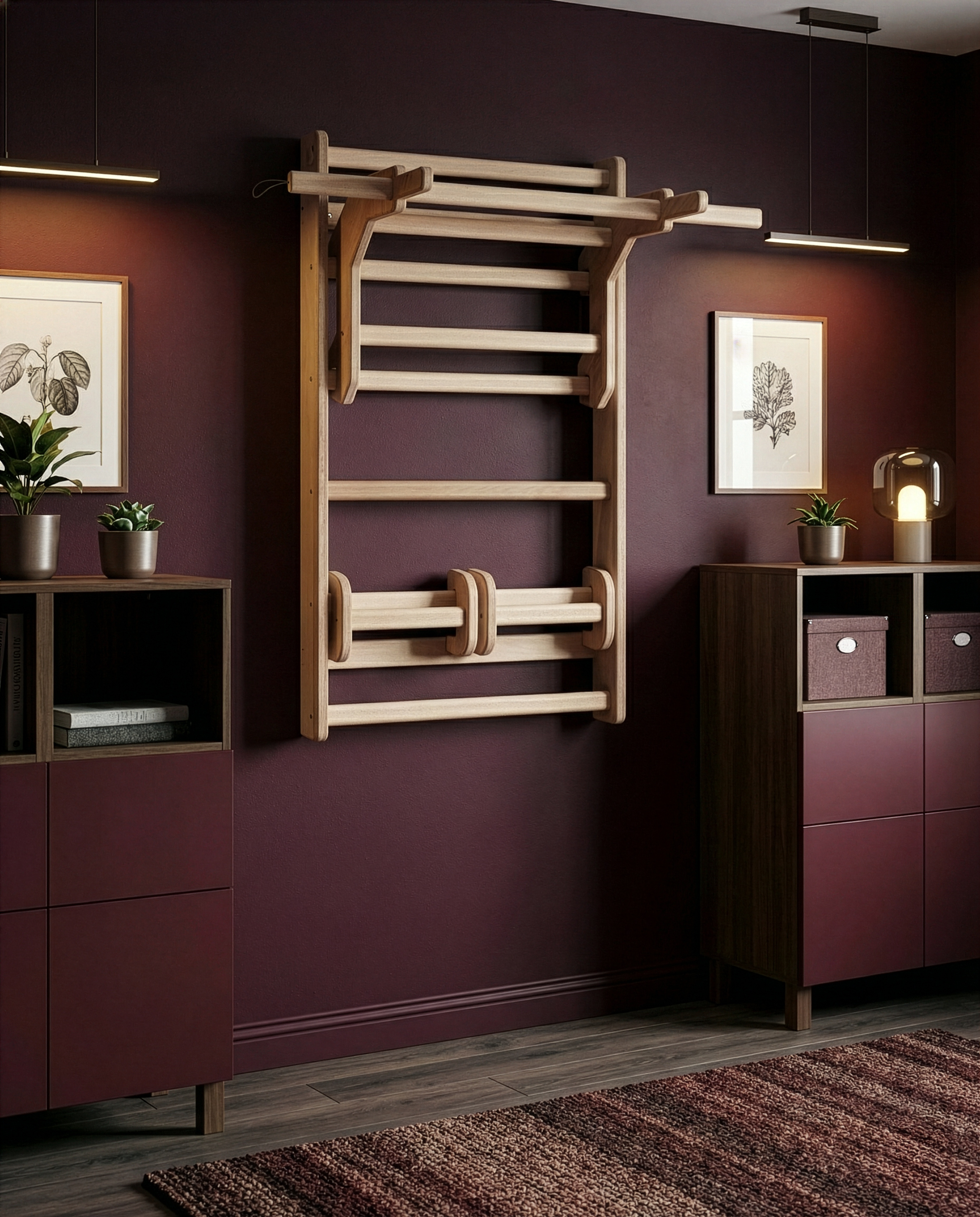 Wooden wall-mounted wine rack against a dark purple wall with decor elements.