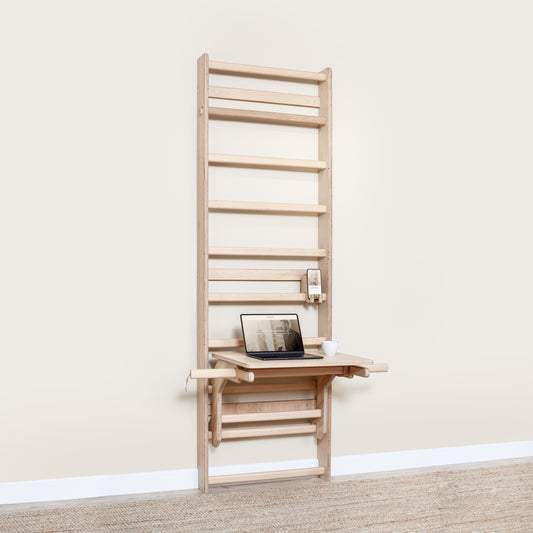 MowoFit modular wooden desk attachment crafted from solid Beech wood for home office and shelving use.