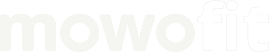 Minimalist MowoFit light version logo featuring 'Mowo' in solid white and 'Fit' outlined in white.